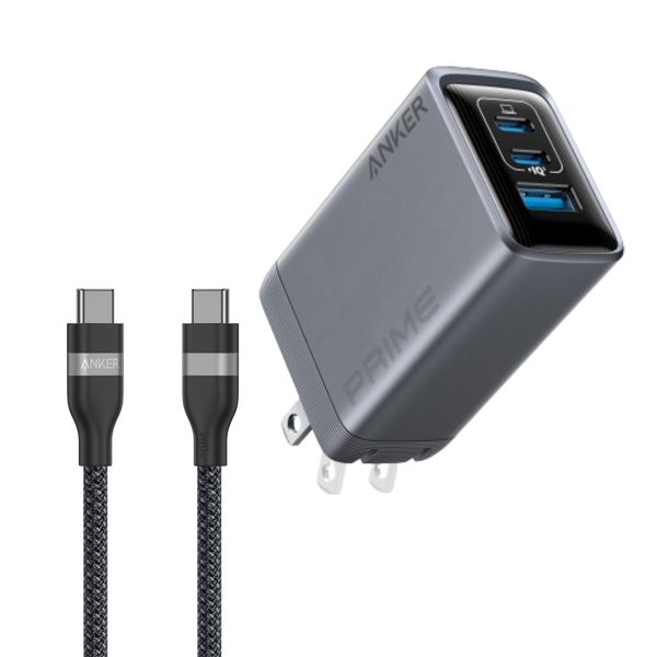 Anker Prime Charger (100W, 3 Ports, GaN) and Anker USB-C to USB-C Cable (3 ft / 6 ft, 240W, Upcycled-Braided)
