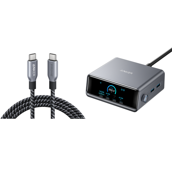 Anker Prime Charger (250W, 6 Ports, GaNPrime) with USB-C to USB-C Cable (240W)