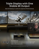 Anker docking station for triple 8K output with three screens displaying gaming scene