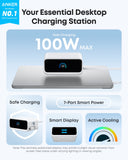 Anker charging station with 100W fast charging for laptop, safe charging, smart display, and active cooling.