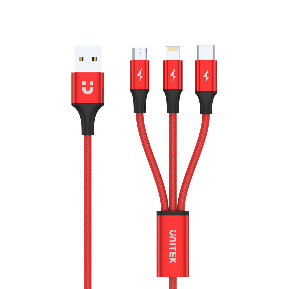 3-in-1 USB-A to USB-C / Micro USB / Lightning Multi Charging Cable (Red Edition)