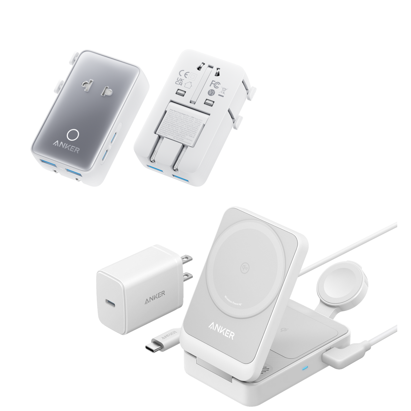 Anker MagGo Wireless Charging Station (Foldable 3-in-1) and Anker Nano Travel Adapter (5-in-1, 20W, 1-Pack)
