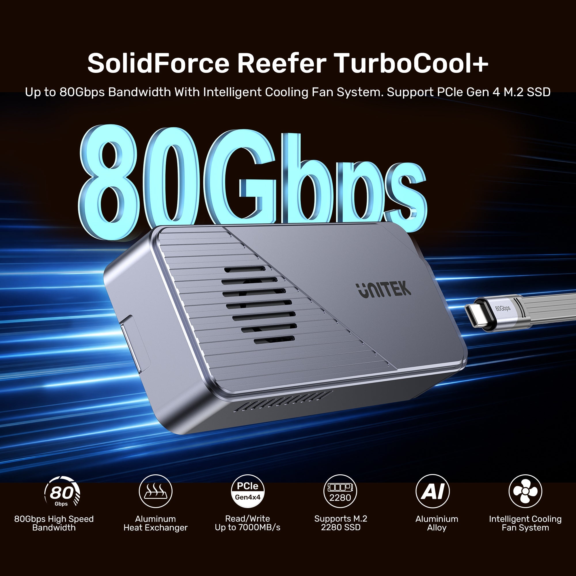SolidForceReefer TurboCool+ 80Gbps M.2 SSD Enclosure with Intelligent Cooling Fan System