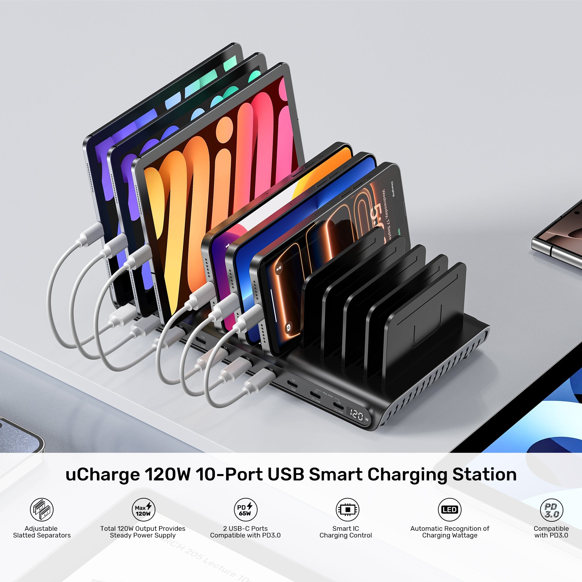 uCharge 120W 10-Port USB Smart Charging Station