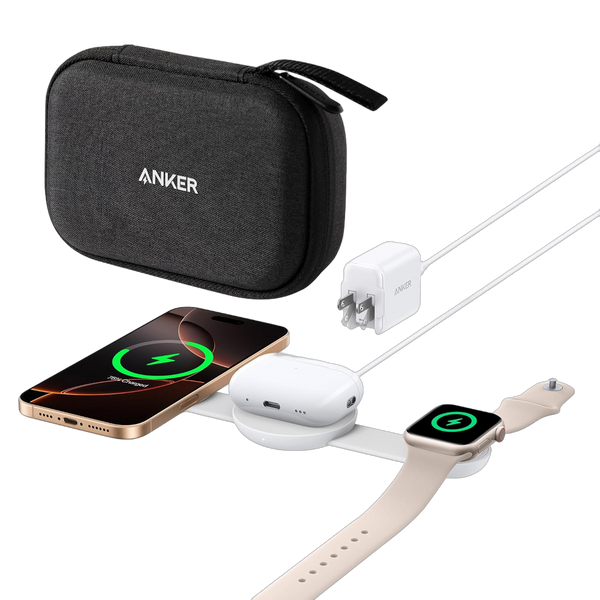 Anker MagGo Wireless Charging Station (3-in-1, Foldable Pad, Aurora White, with Travel Case & Adapter)